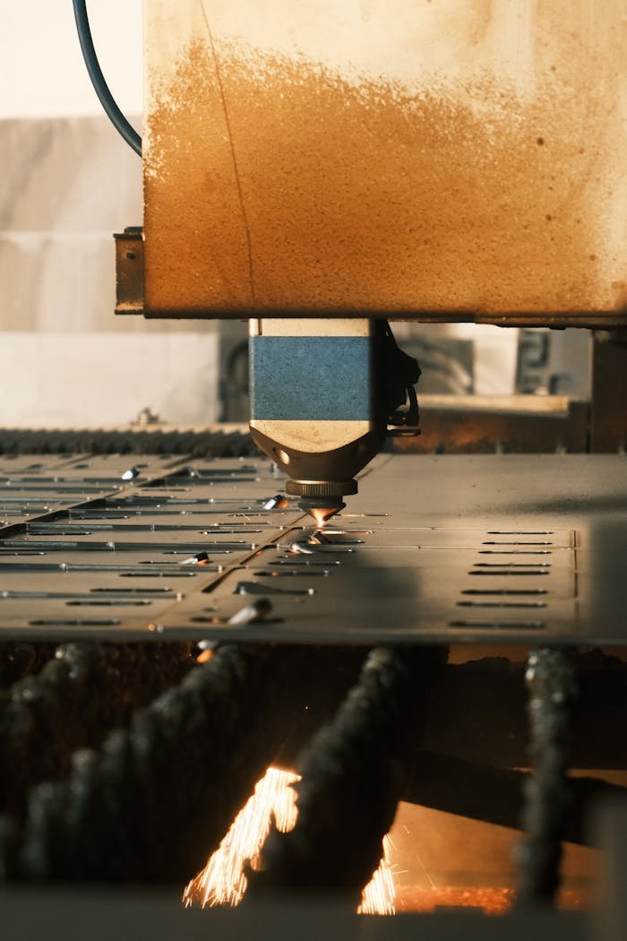 Home Close-up of laser cutting metal in an industrial factory.